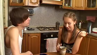 Brunette Teen Enjoys A Creamy Cup Of Joe With A Dose Of Masculine Essence