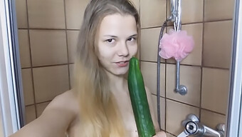 First-Person View Of Skinny Teen Getting Off On A Cucumber